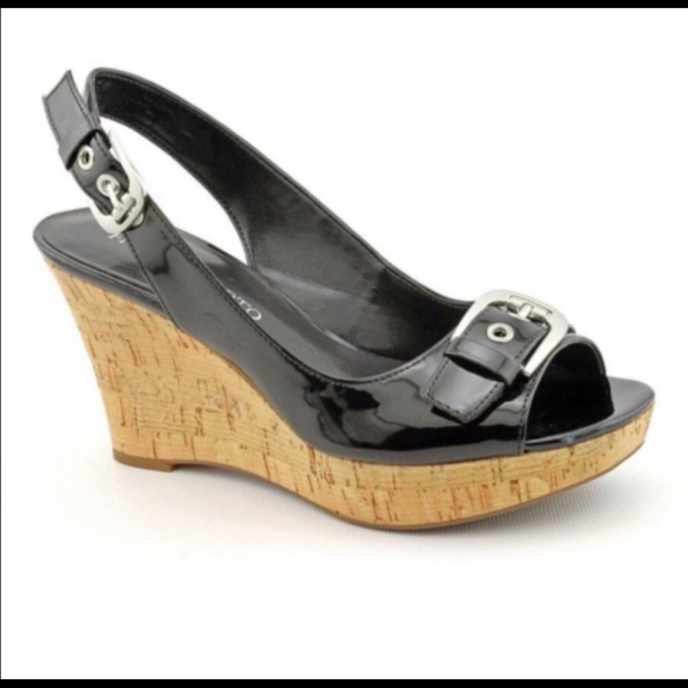 Franco Sarto L-Colley black patent wedge heel